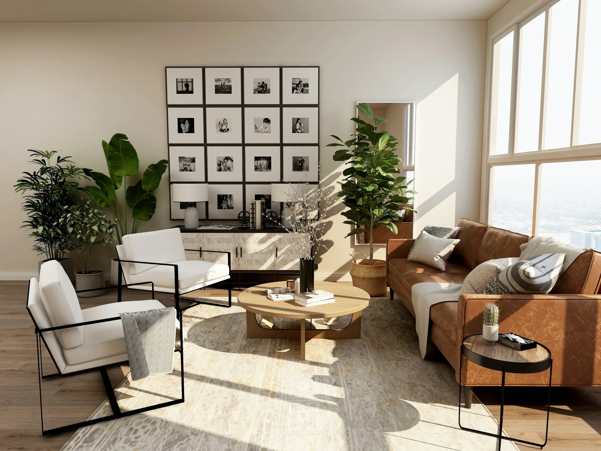 A living room filled with low afternoon sun, an armchair and sofa around a wooden table